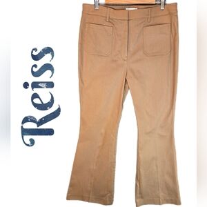 Reiss Patch Pockets Flare Pants Sz 12 Stretch Twill High Rise Tan